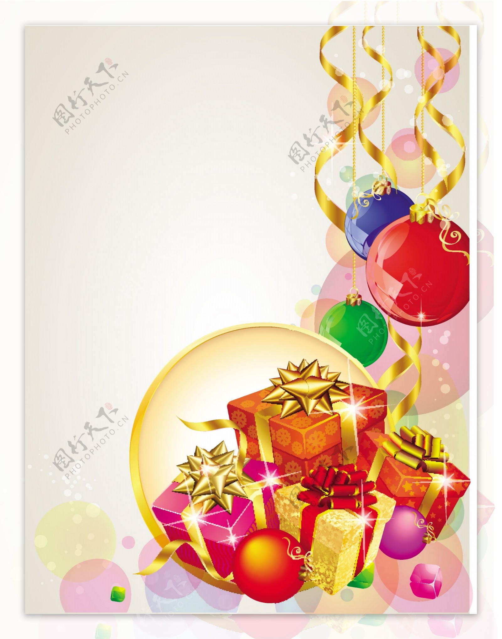 圣诞节模板饰礼品黄金和红丝带冬青叶和球矢量