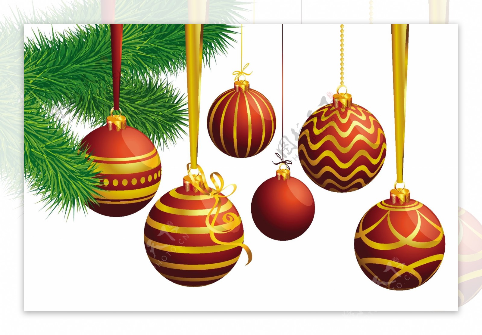 有气球彩带和松树枝向量模板的圣诞装饰