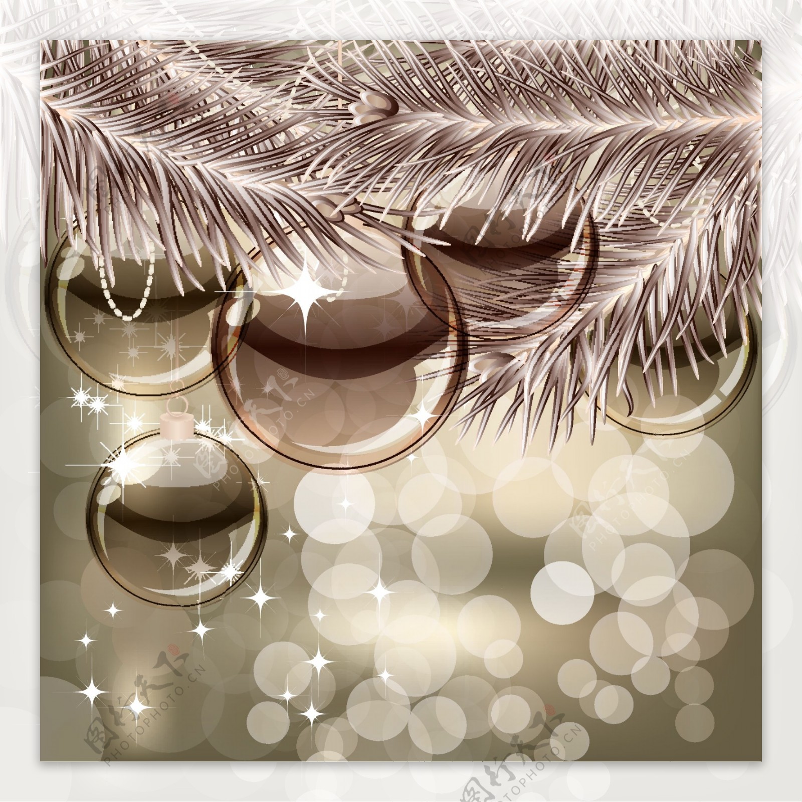 圣诞松树枝与水晶球矢量素材