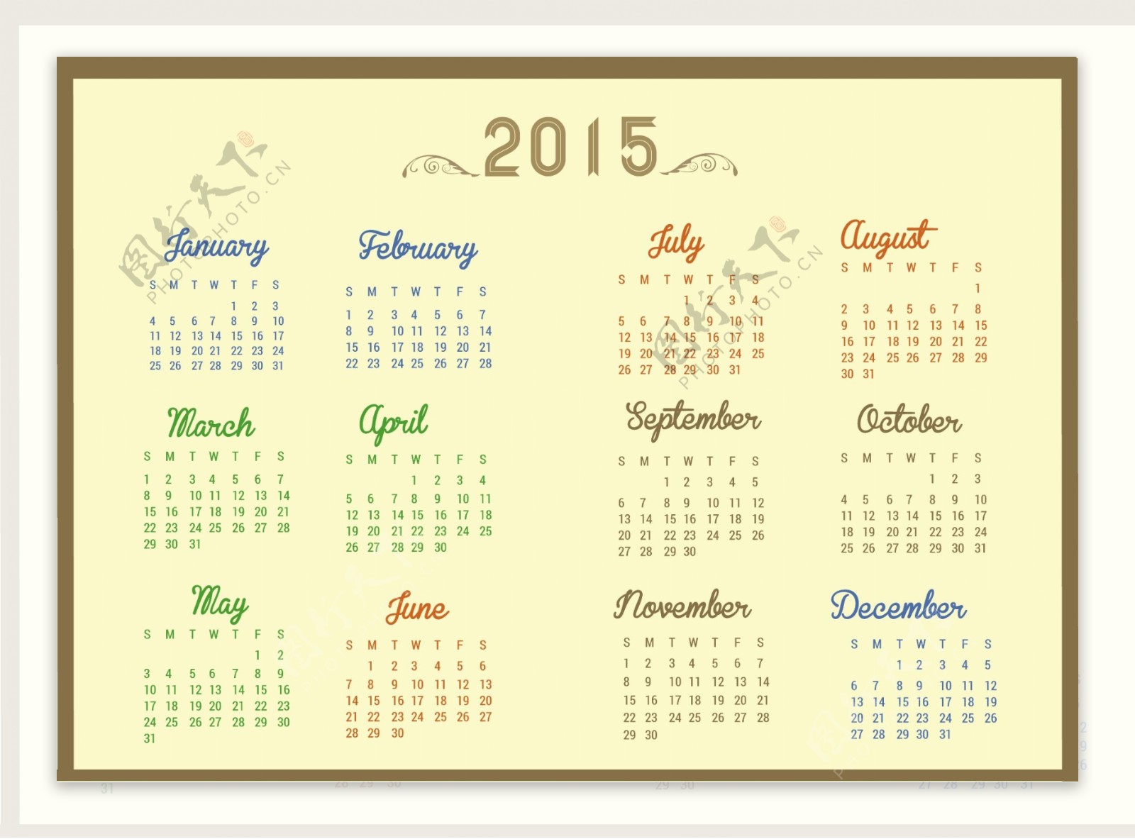 2015日历表矢量素材