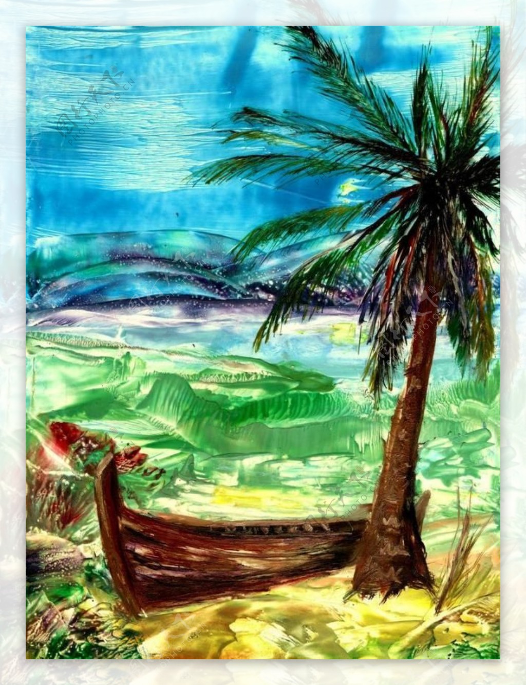 油画木船椰树图片