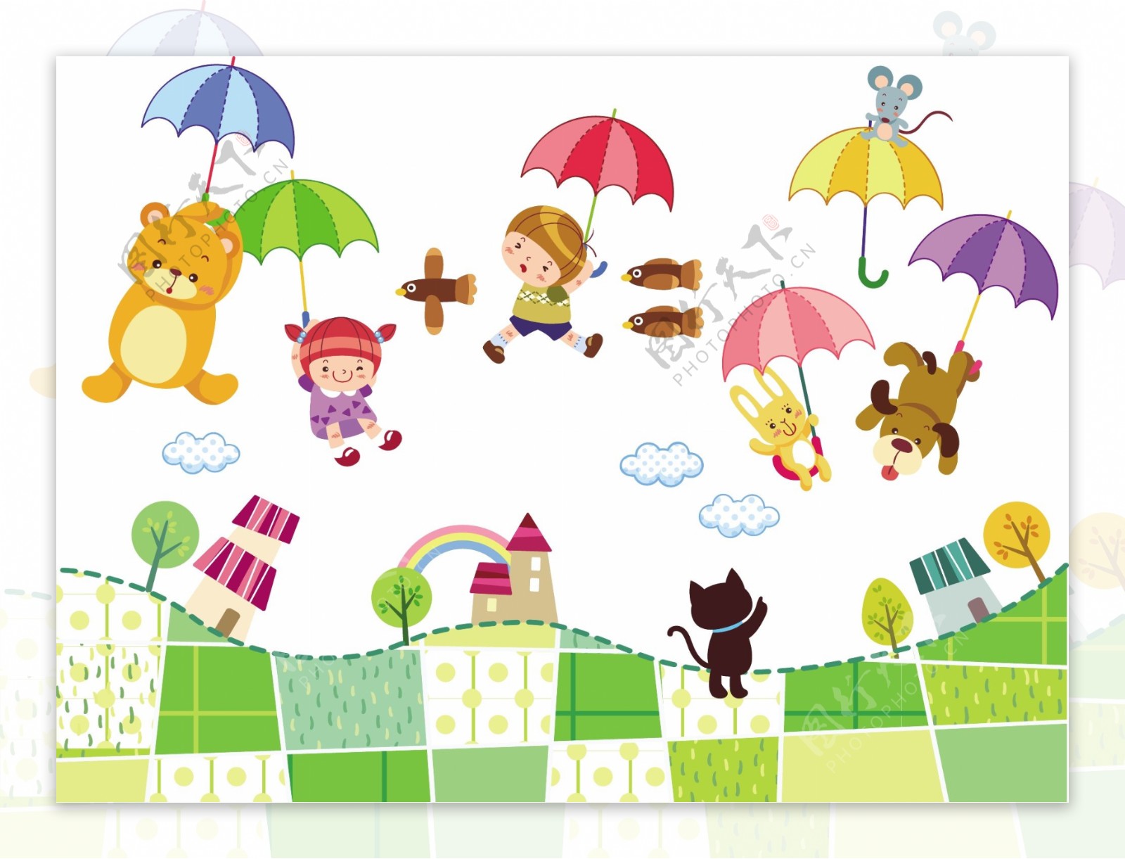 撑雨伞飞翔的儿童图片