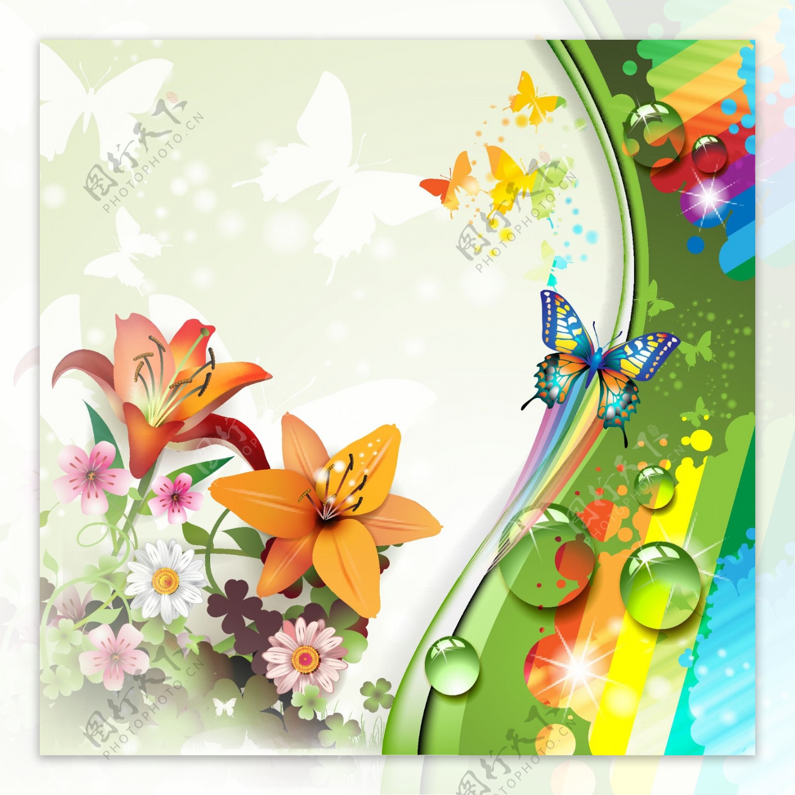 五颜六色的花朵和蝴蝶的背景矢量01