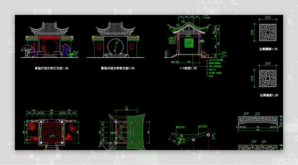 景墙月洞方亭详图