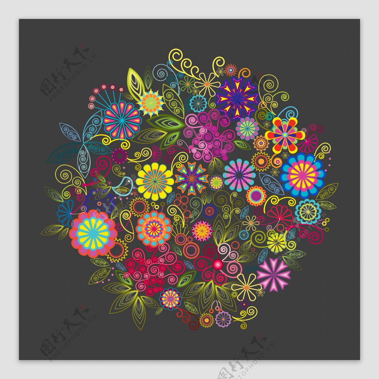 印花矢量图T恤图案植物花朵花团免费素材