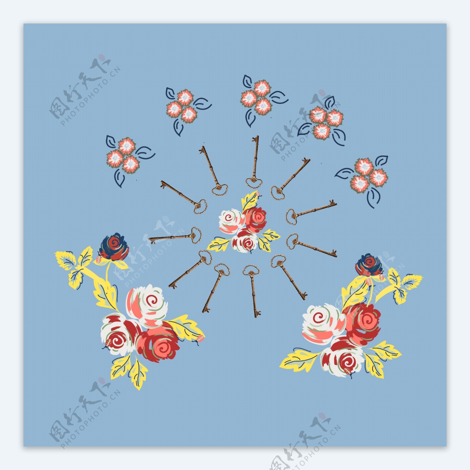 印花矢量图大牌热门图案面料专题杜嘉班纳DG钥匙花卉专题免费素材