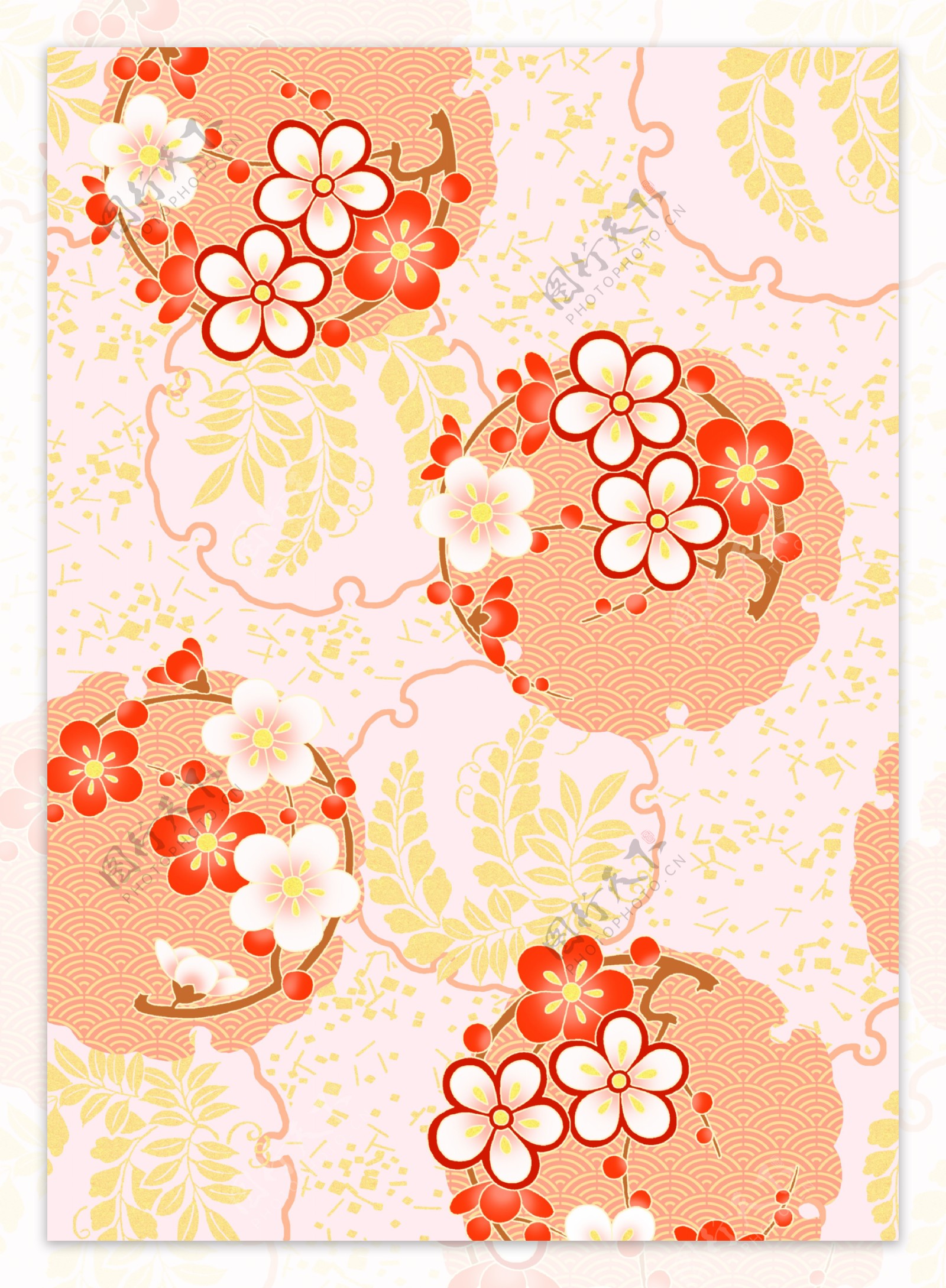 橙黄色梅花枝叶散布背景图