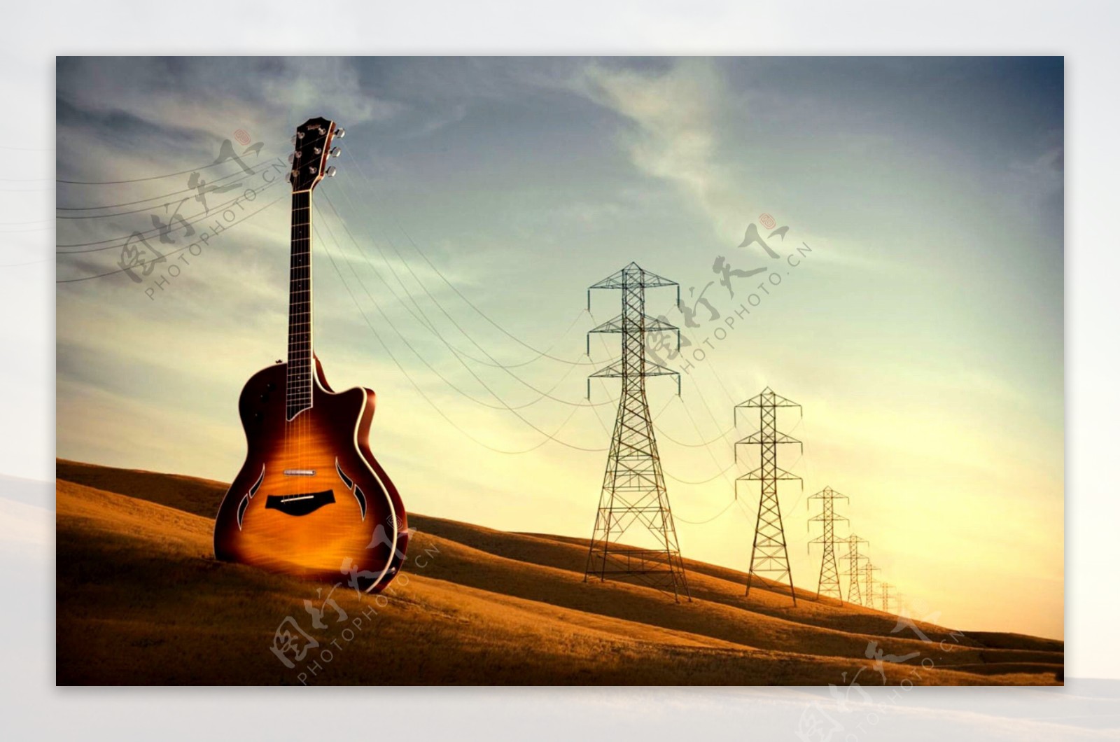 吉他与电线塔创意图片