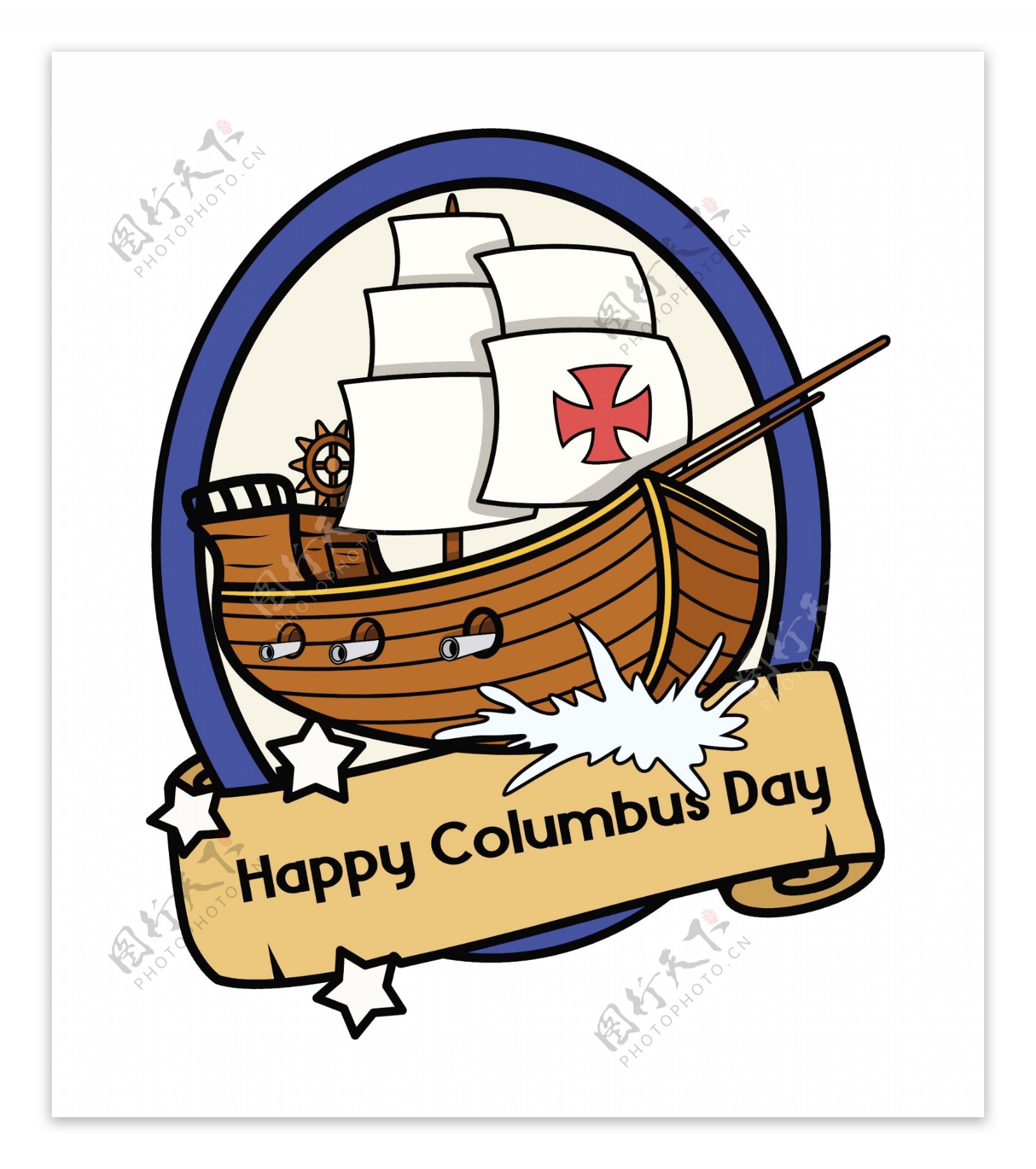 哥伦布日复古旗帜船舶的羊皮纸