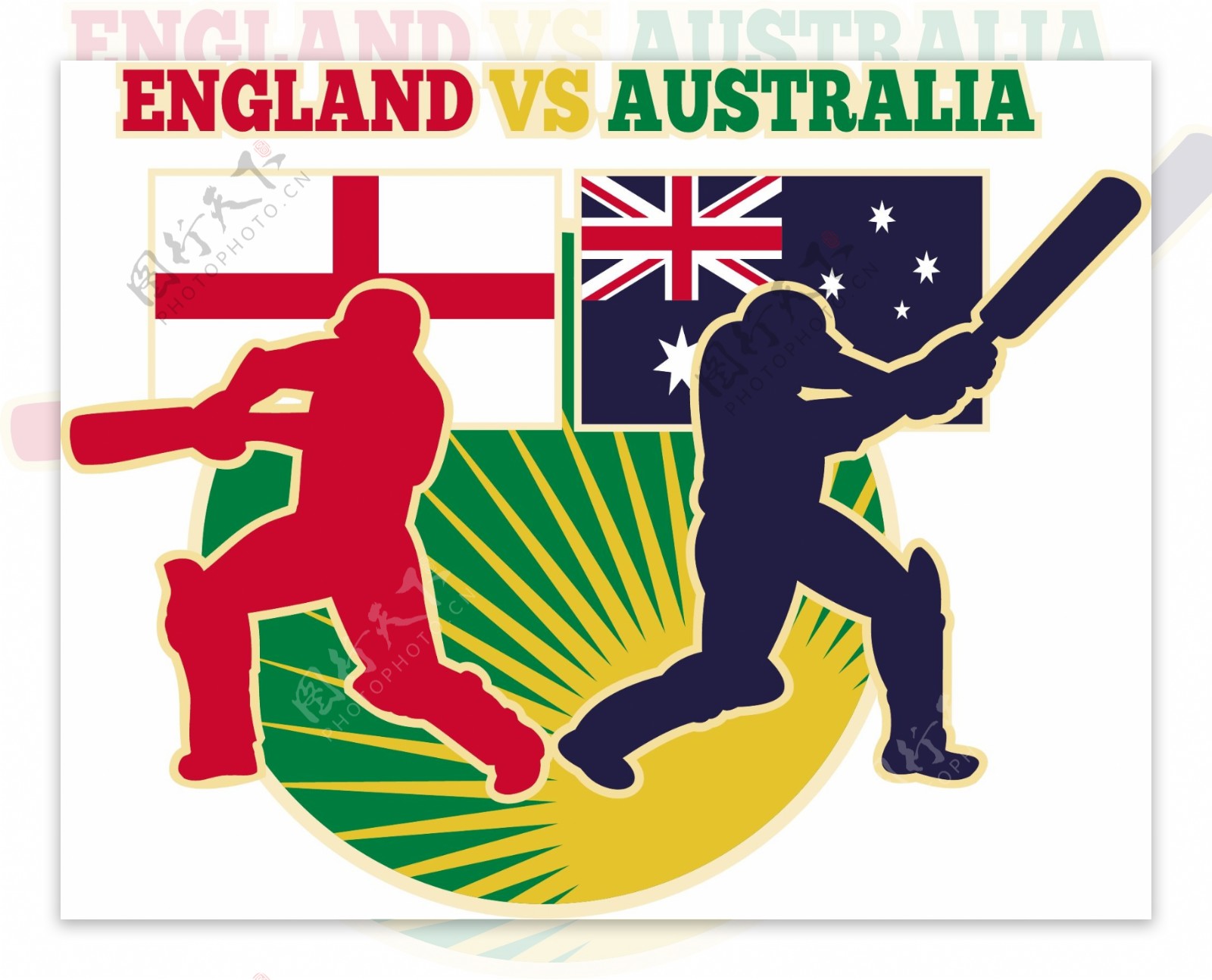 板球运动的击球手的英格兰对阵澳大利亚的国旗