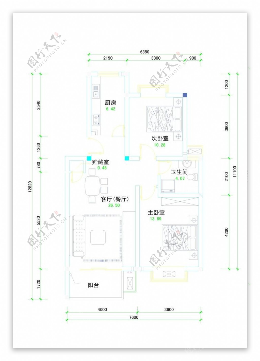 两室一厅平面图图片