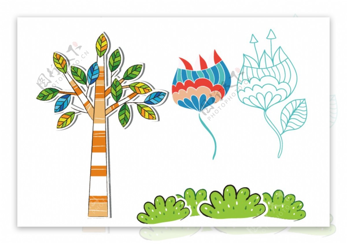 树木插画花朵图片