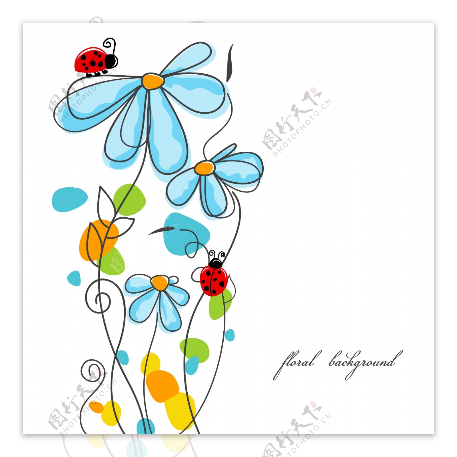 蓝色花朵卡通花朵瓢虫花图片