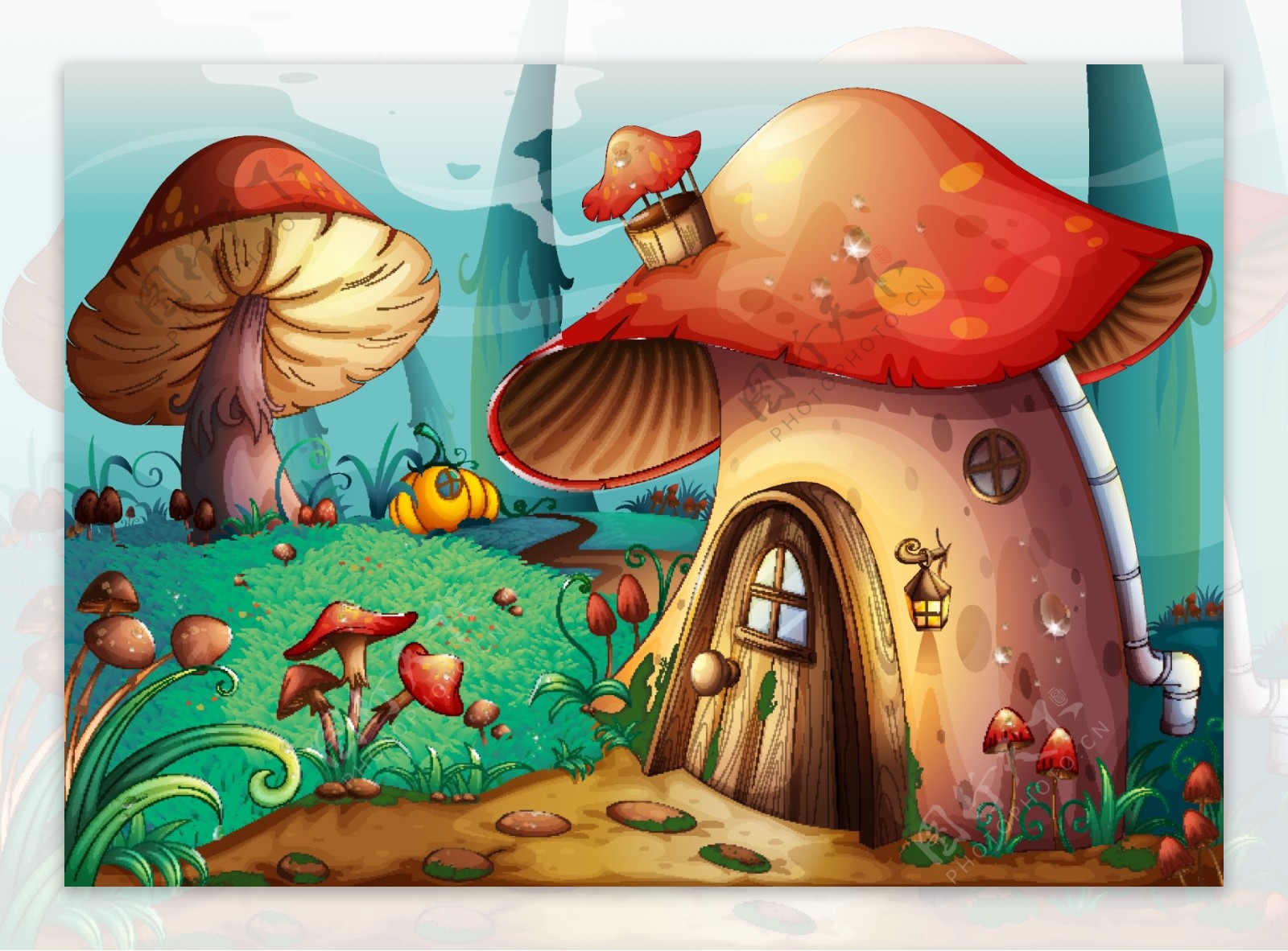 卡通森林蘑菇屋矢量素材图片