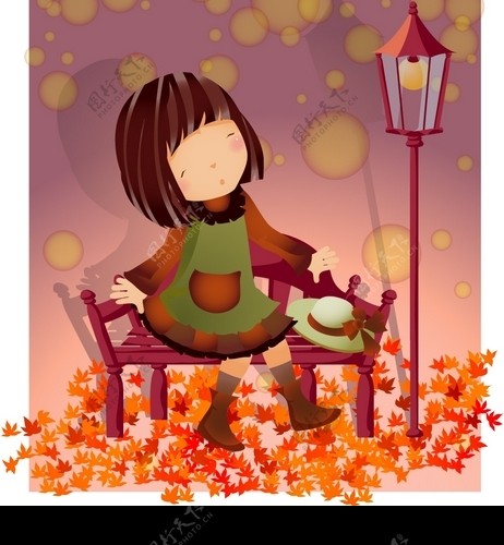 秋天长椅上的小女孩图片