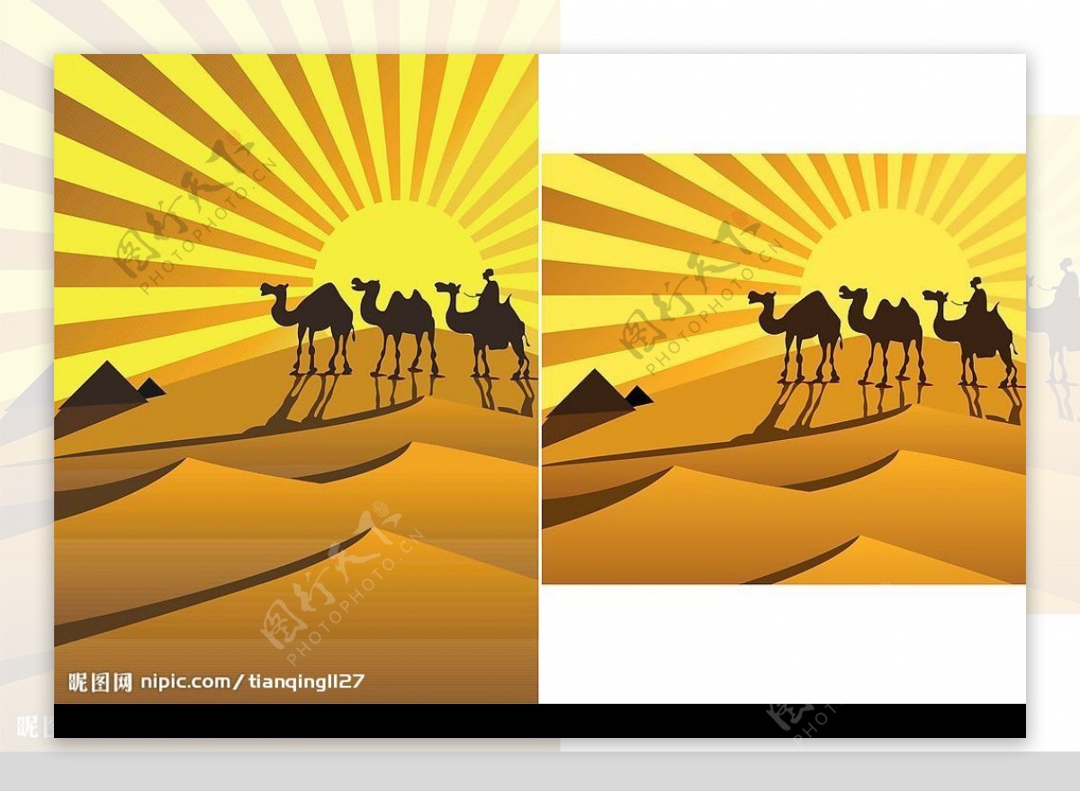 金色沙漠上的骆驼剪影矢量素材图片