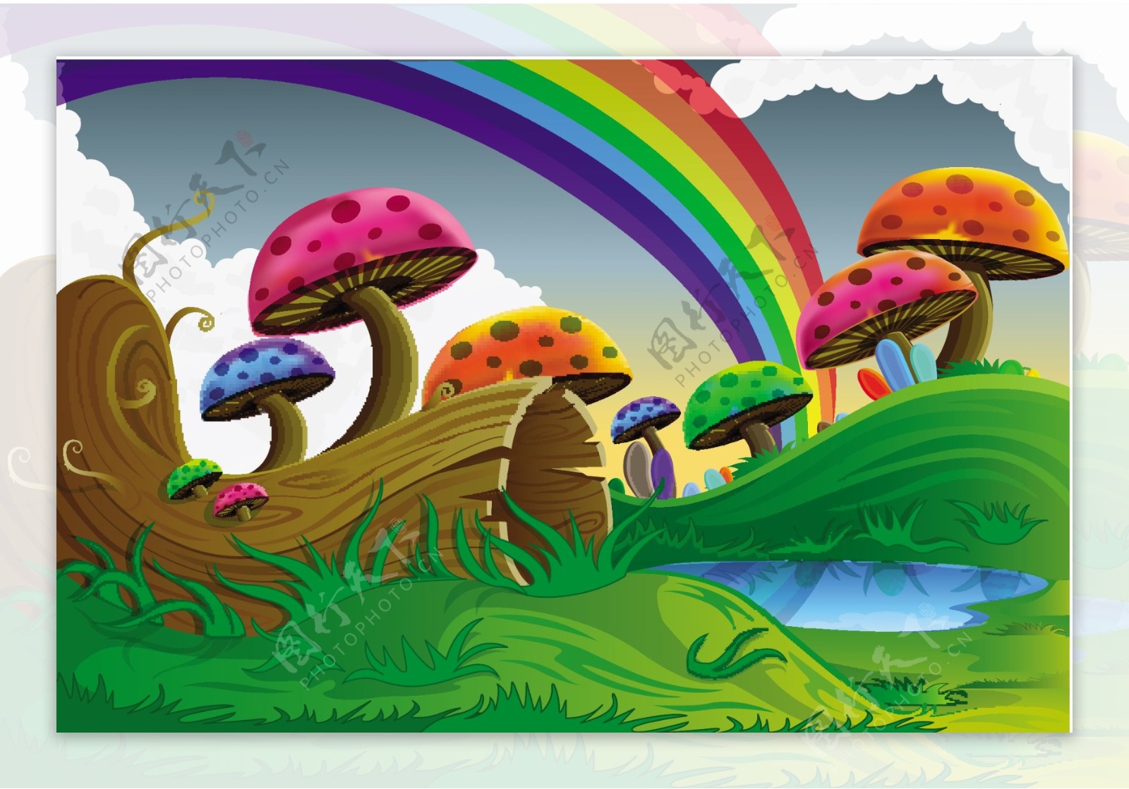 彩色蘑菇彩虹风景矢量图图片