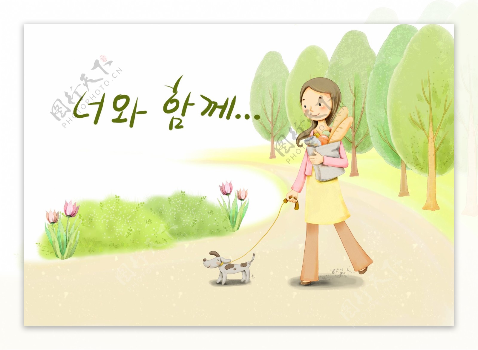 韩国手绘风清新少女在小路上遛狗图片