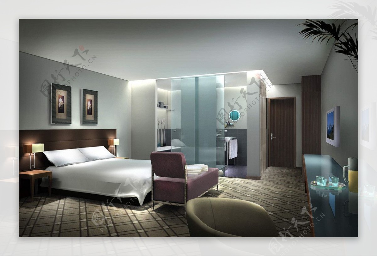酒店卧室与卫生间效果图片