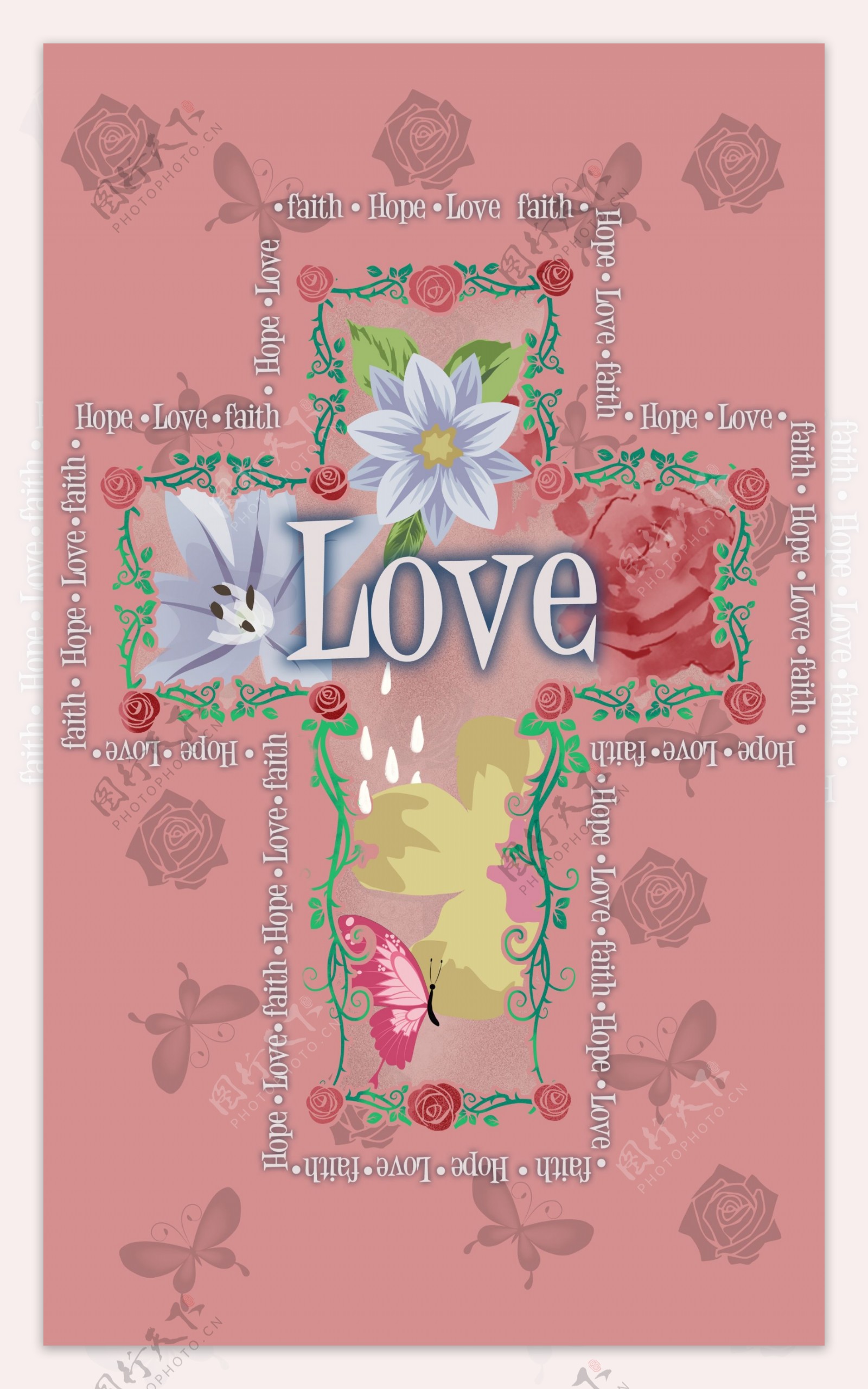 毛巾花朵蝴蝶十字架印图片