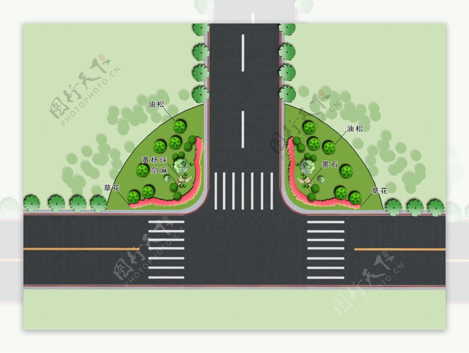 道路交叉口节点绿化方案图片