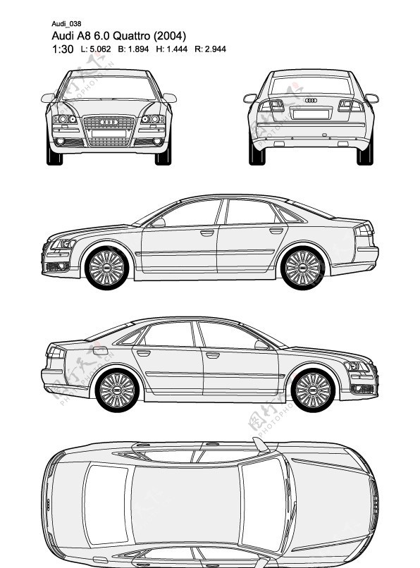 奥迪A860Quattro2004汽车线稿图片