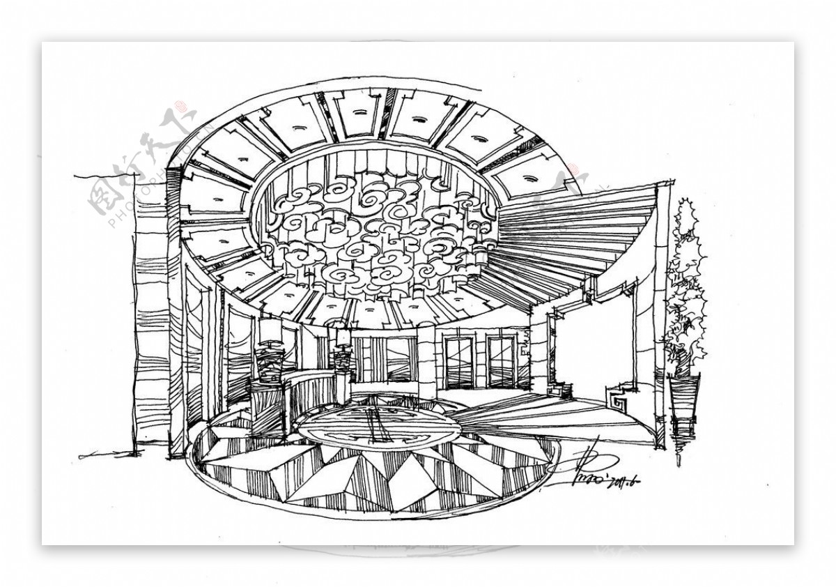 酒店大堂中式手绘方案草图图片