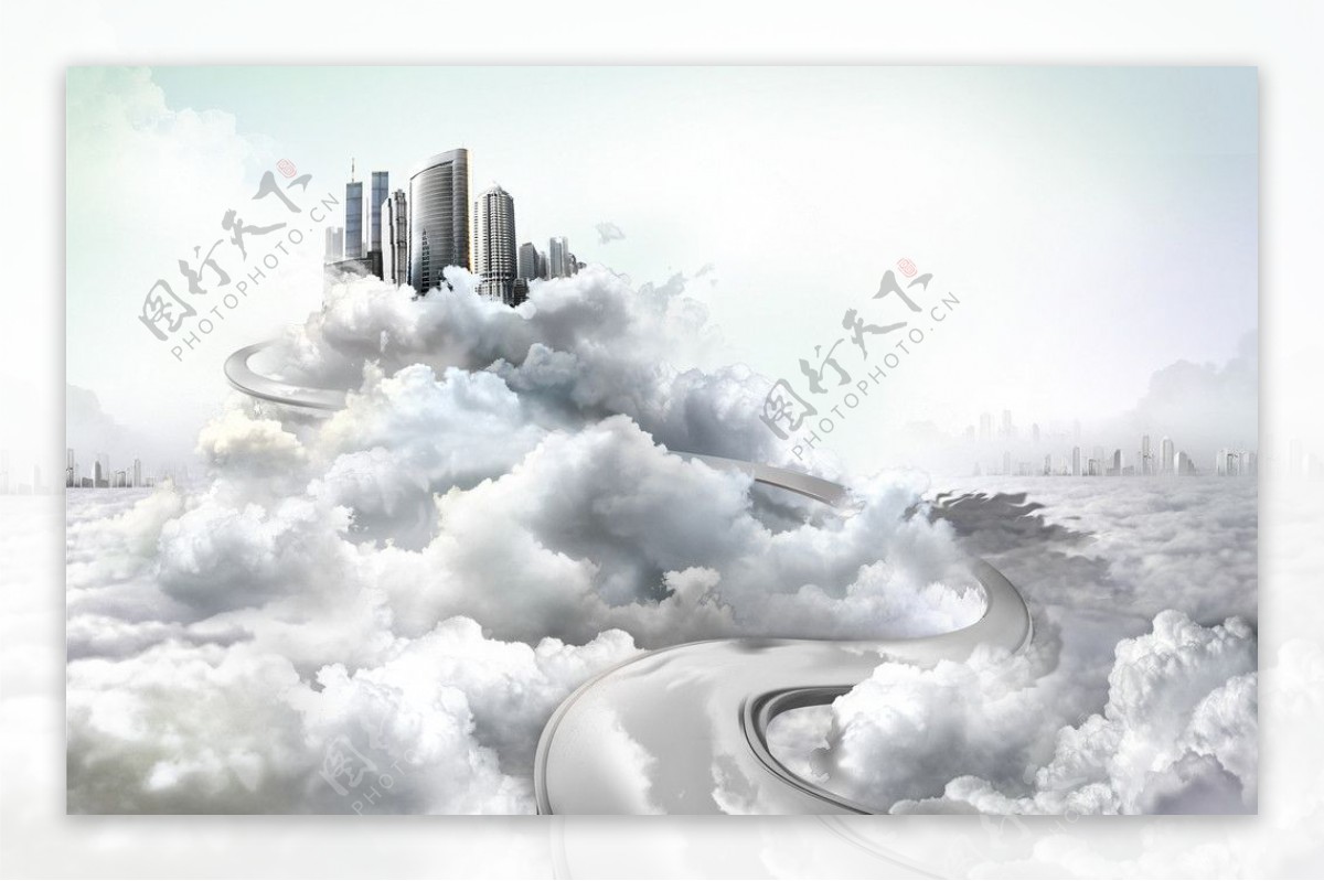 3d天空云中公路通往城市建筑图片