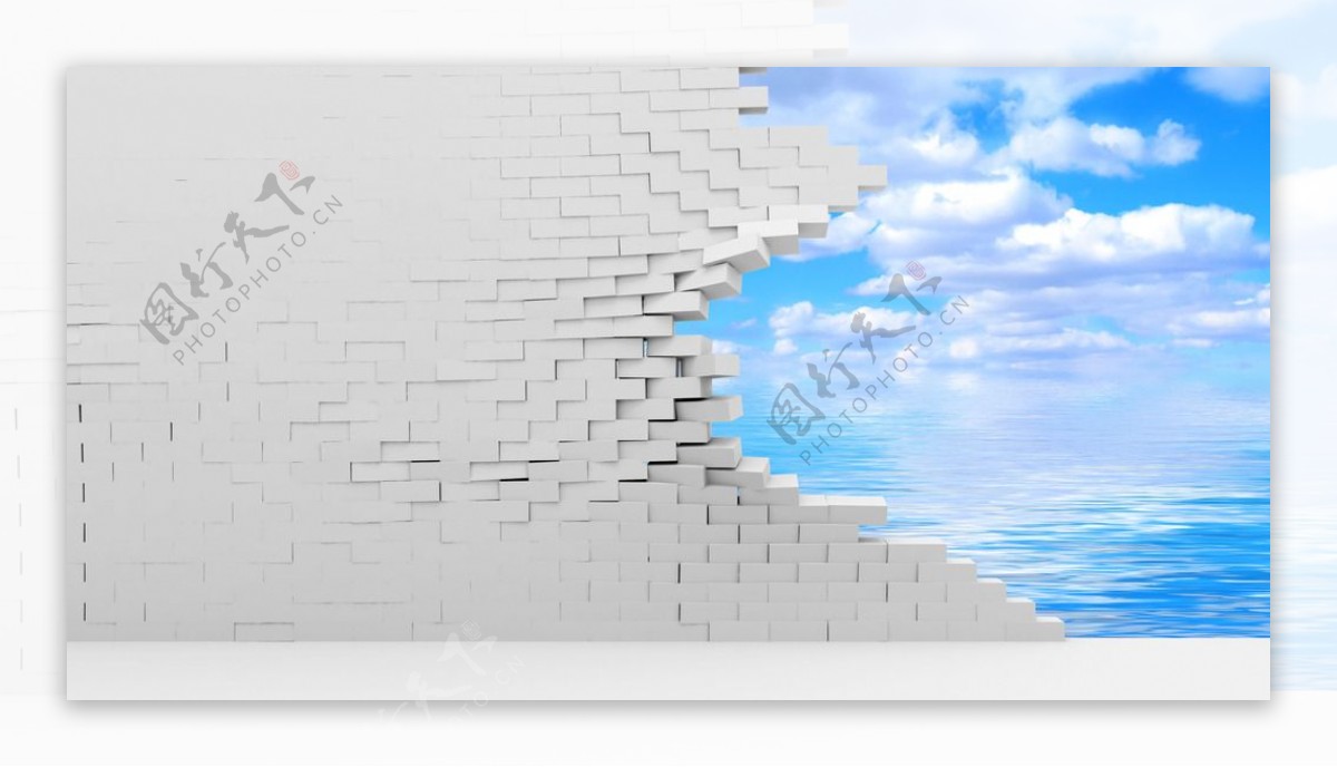 墙砖大海蓝天白云图片素材