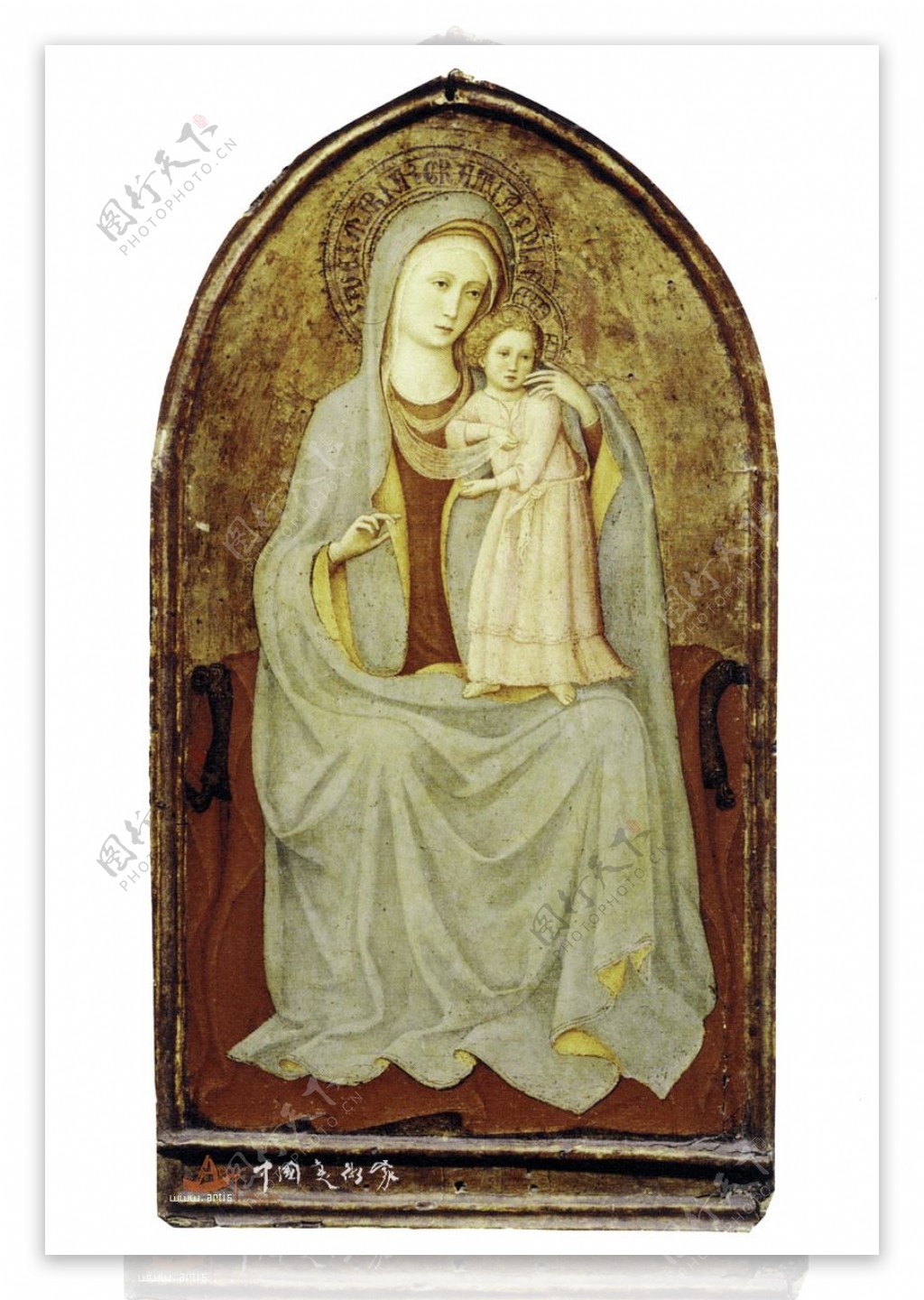 圣母玛利亚怀抱婴儿坐在宝座上图片