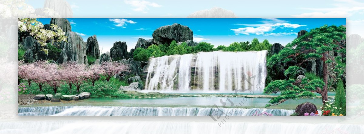 山水风景瀑布图松树水图片