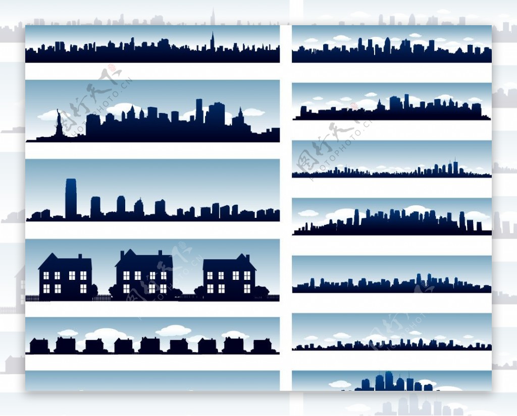 蓝天白云下的城市建筑剪影图片
