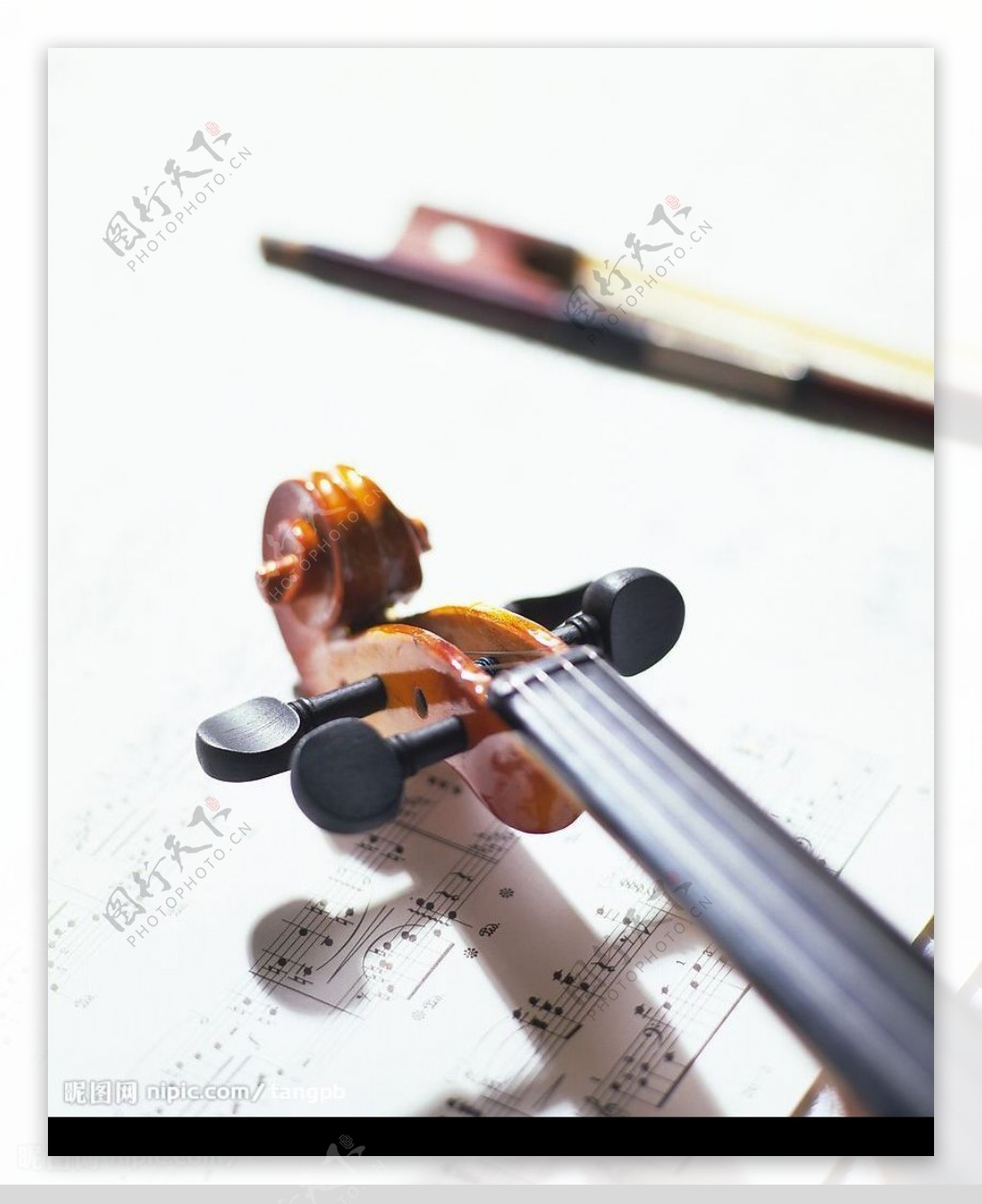 桌上的提琴与五线谱特写图片