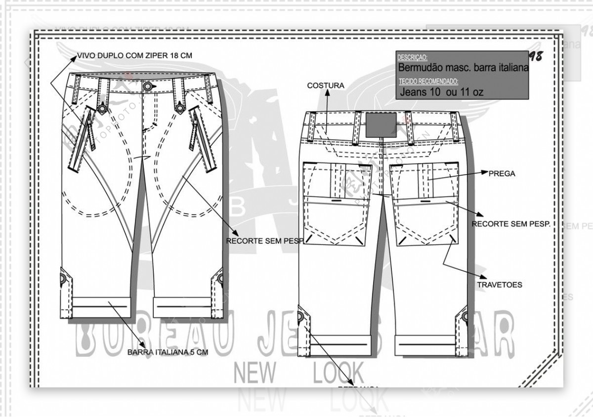 牛仔短裤设计手稿前双唇袋图片