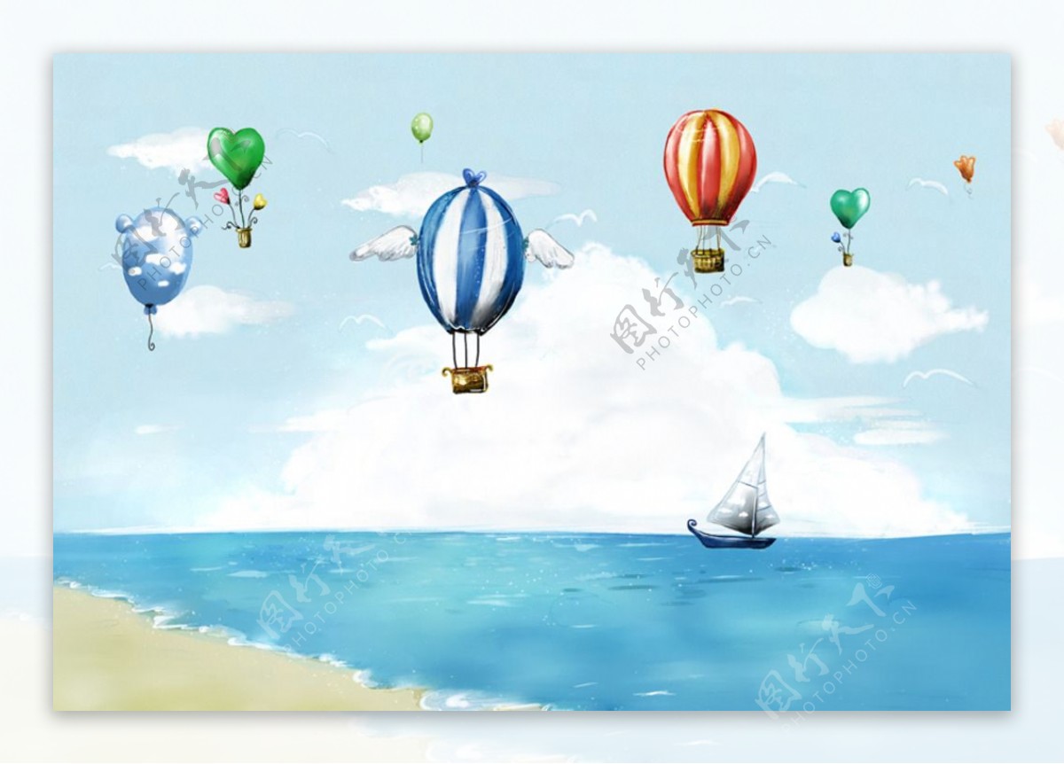 手绘卡通热气球海洋风景插画图片