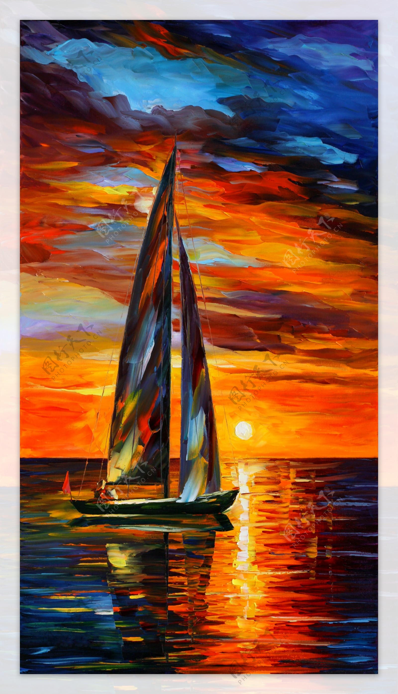 油画夕阳帆船图片