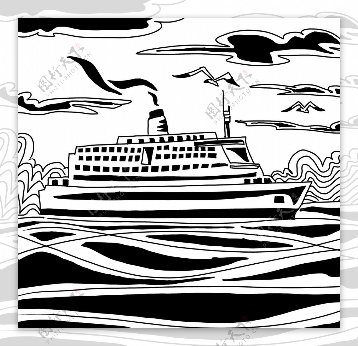 黑白轮船装饰画图片