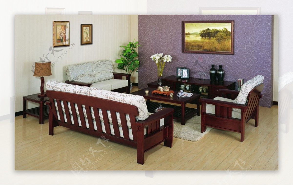 实木布艺中式沙发图片