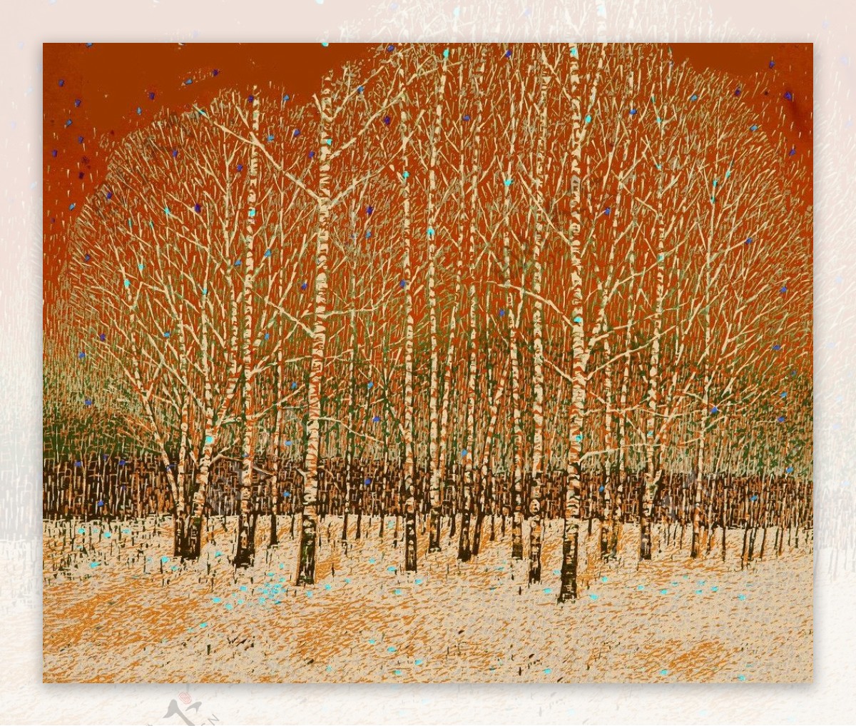 版画木刻下雪的树林图片