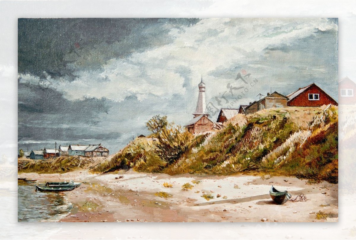 油画海边村庄图片