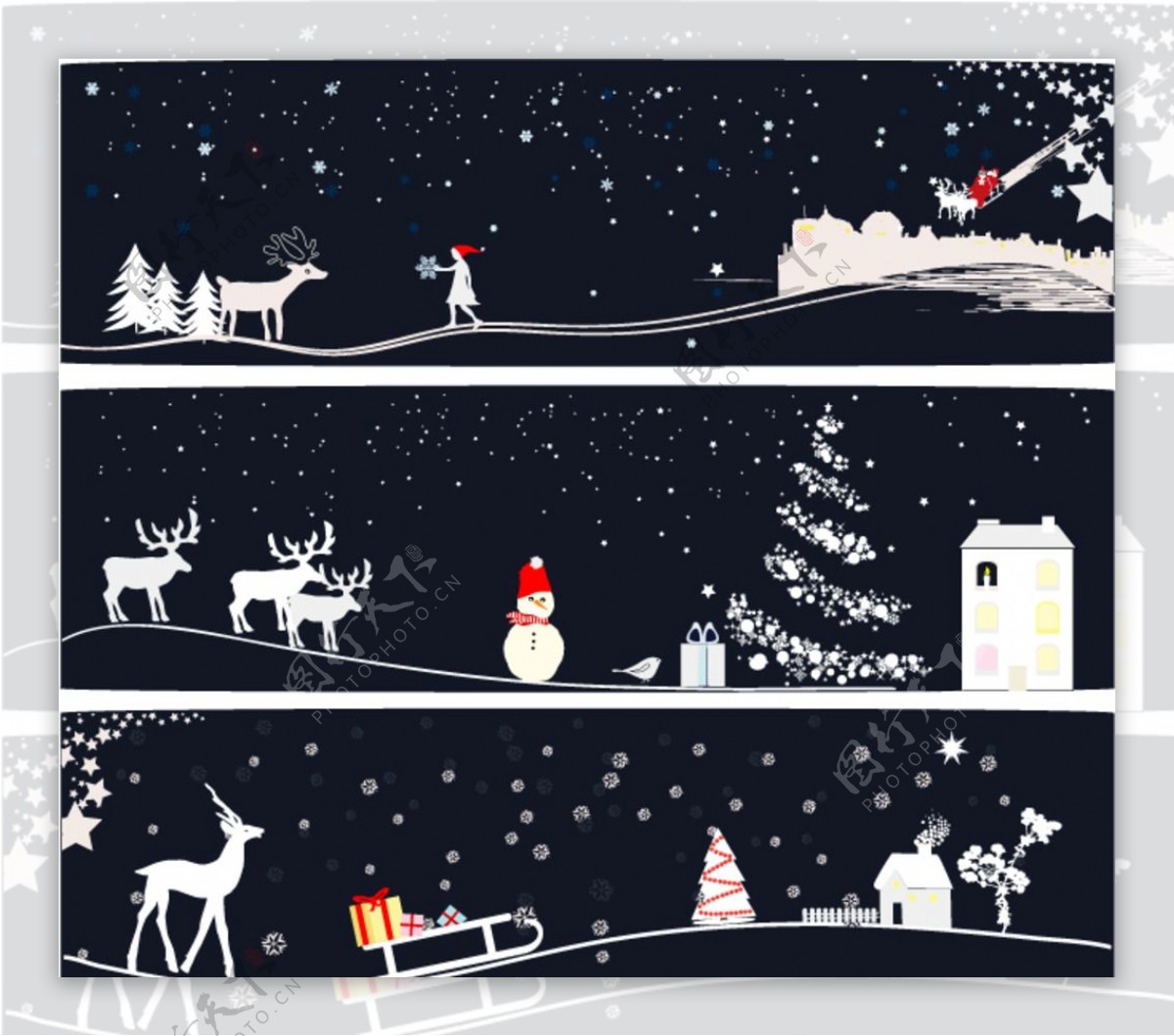 卡通雪原圣诞夜雪橇素材图片