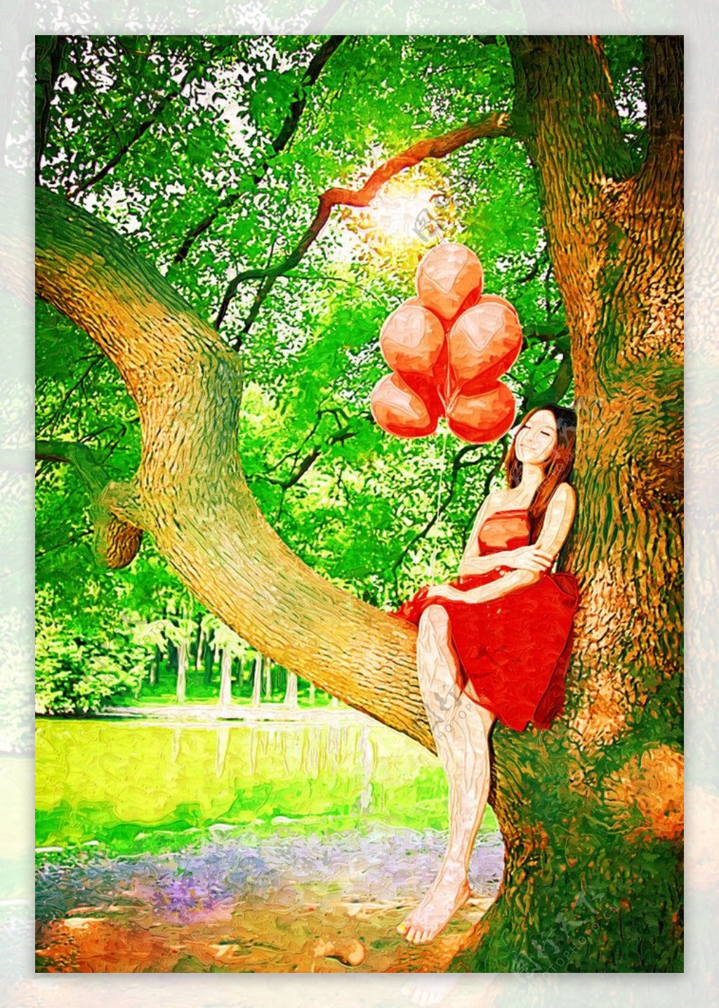 油画树上的红裙图片