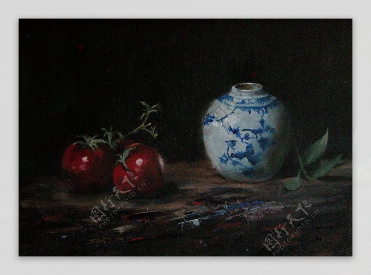 油画静物瓷器罐和西红柿图片