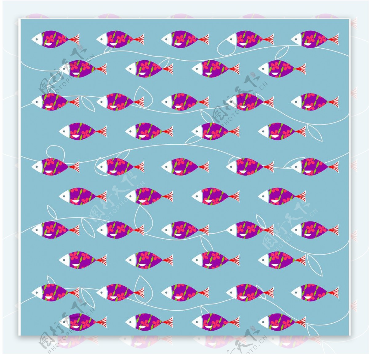 紫色卡通鱼背景有叶图片