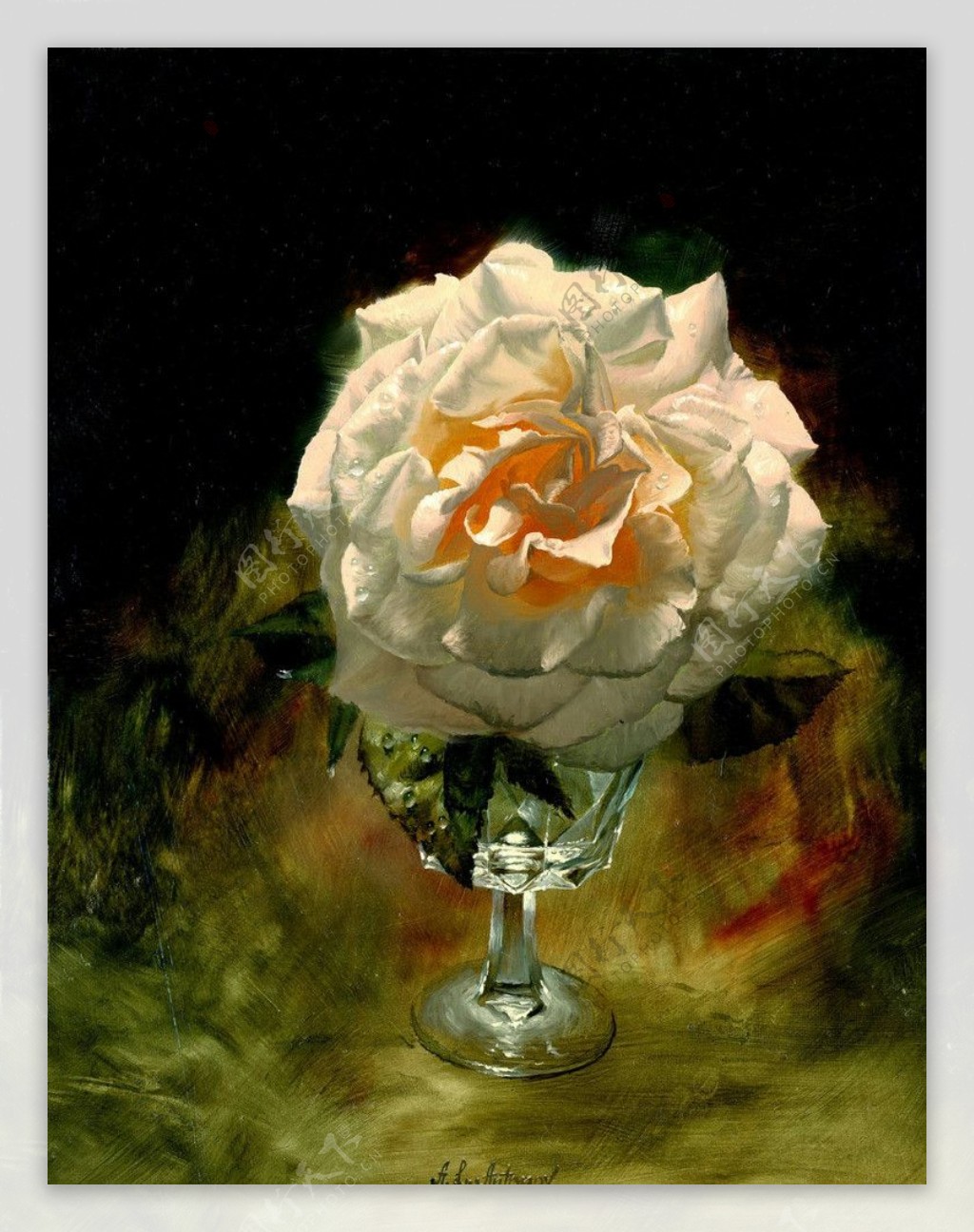 白玫瑰玻璃杯油画图片