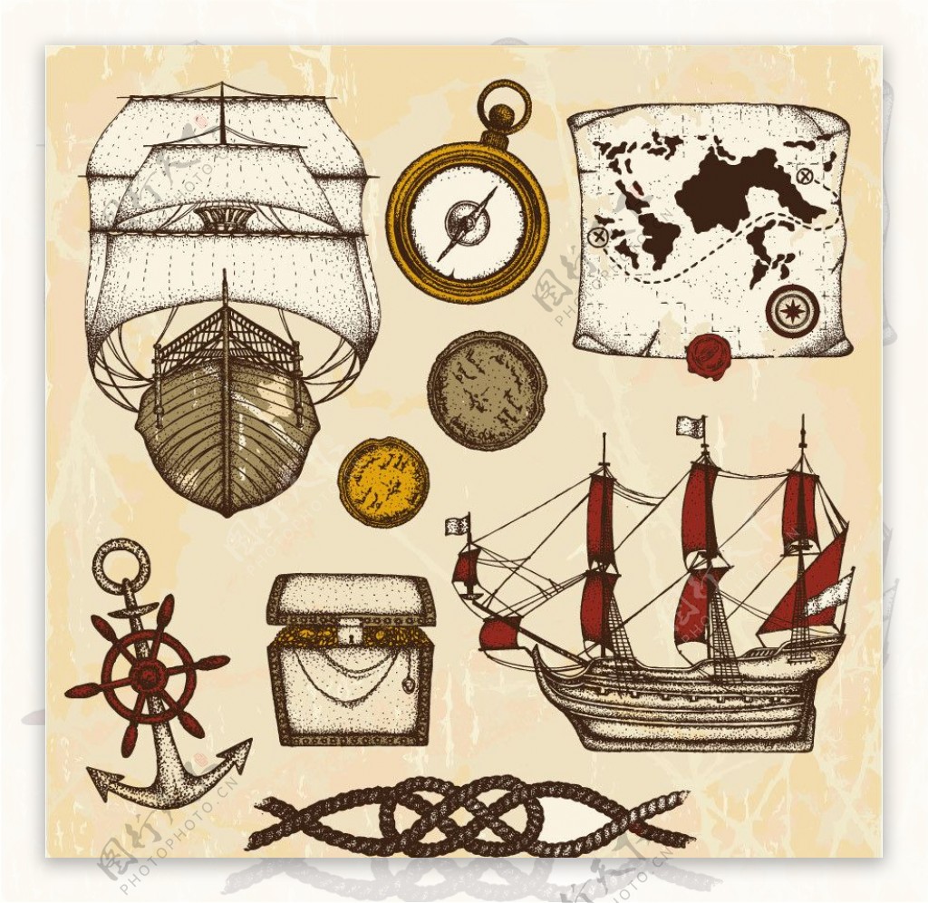 手绘航海探险素材图片