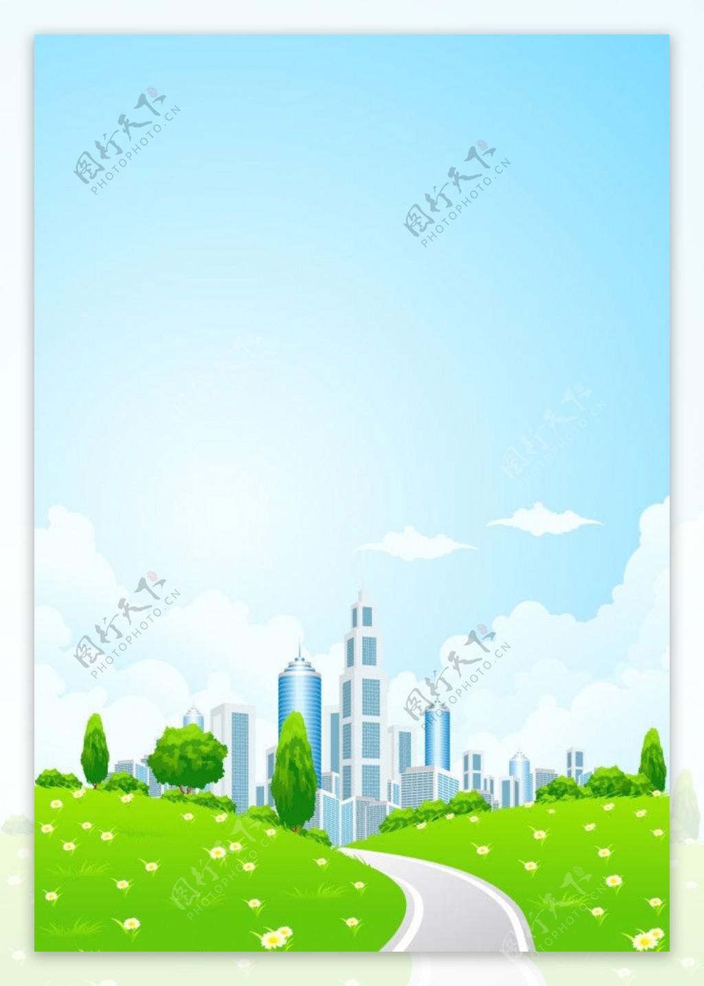 蓝天白云草地绿色环保城市图片