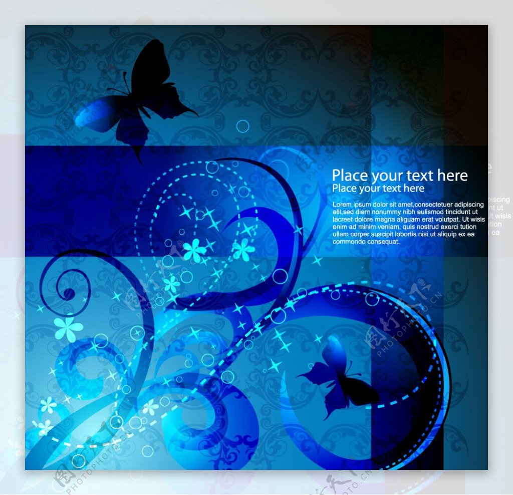 蓝色动感光线古典花纹蝴蝶时尚优雅背景图片