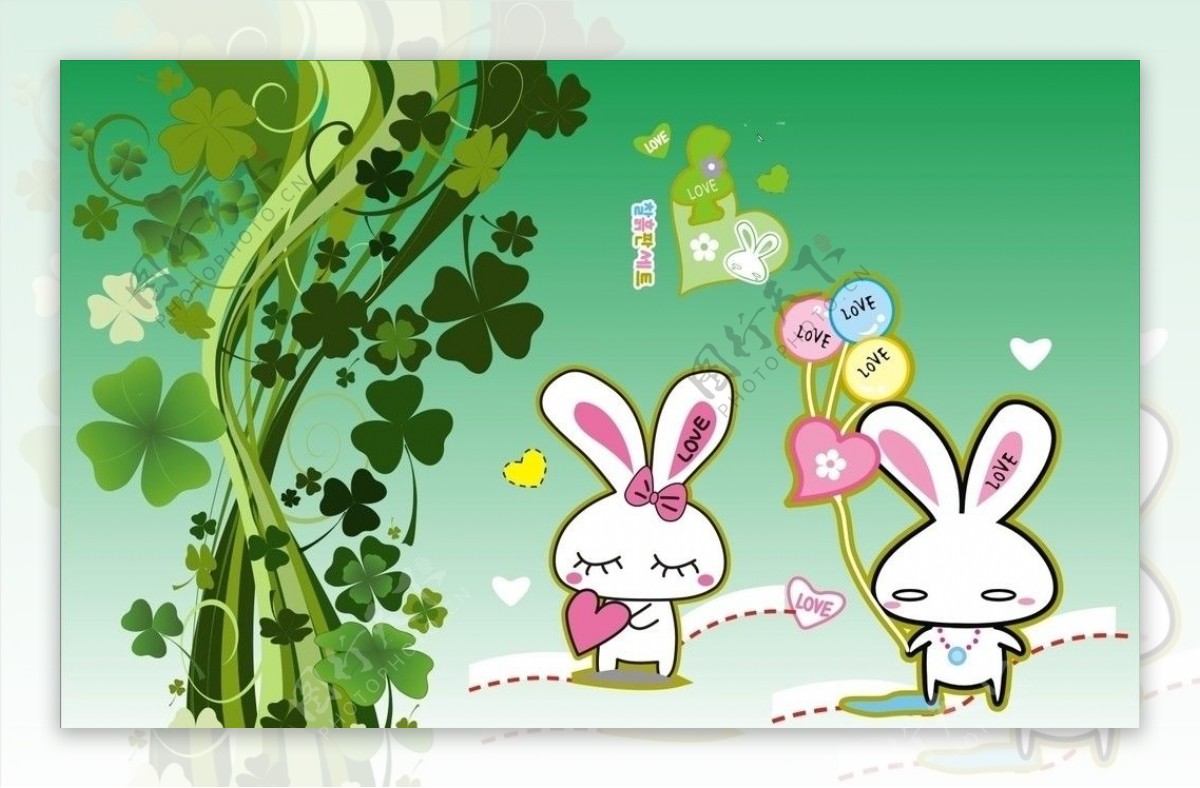 卡通兔子矢量花草背景底纹叶子兔子爱心0心可爱图片