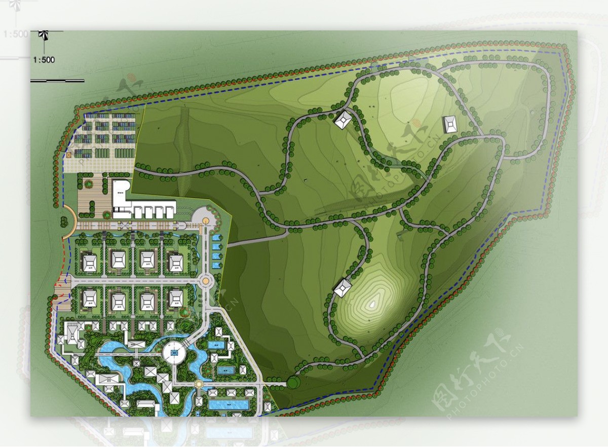 山地别墅小区规划设计彩平图含cad图片
